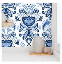 Load image into Gallery viewer, Wallpaper-Blue Folk Flower

