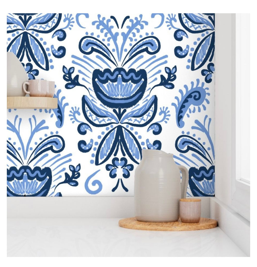 Wallpaper-Blue Folk Flower